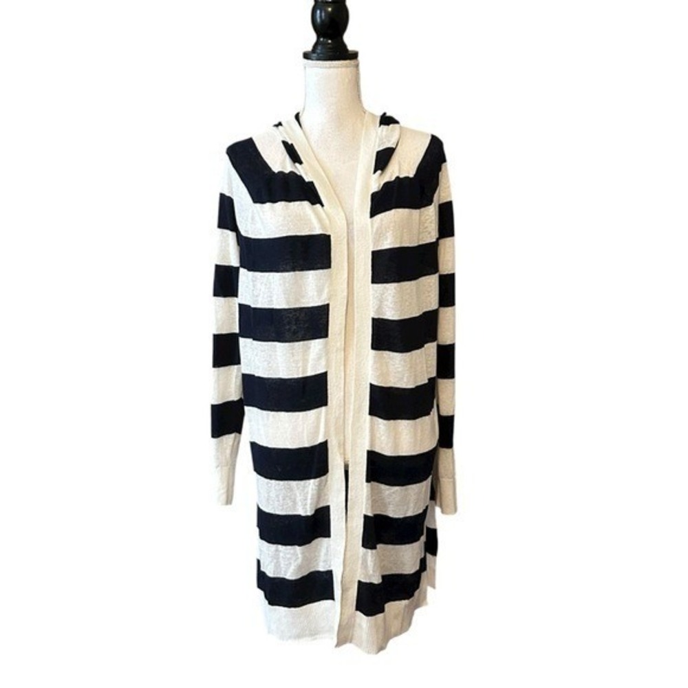 LOFT Striped Hooded Lightweight Cardigan Sweater SZ Medium‎ Navy White